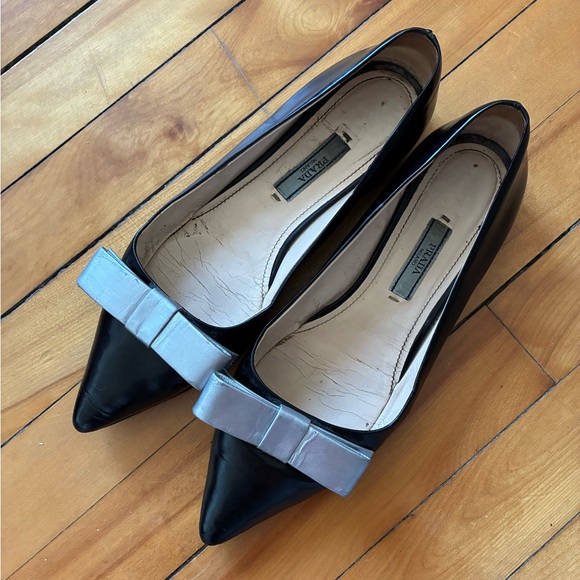 Prada Shoes - Prada Black Pointed Leather ballerinas with Silver Bow